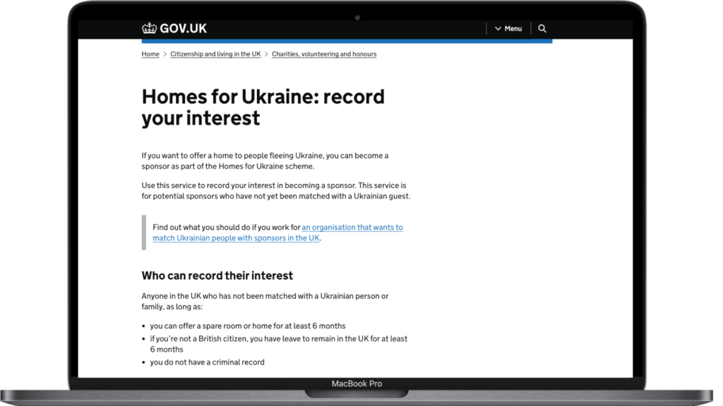 Laptop with Webpage for Homes for Ukraine online