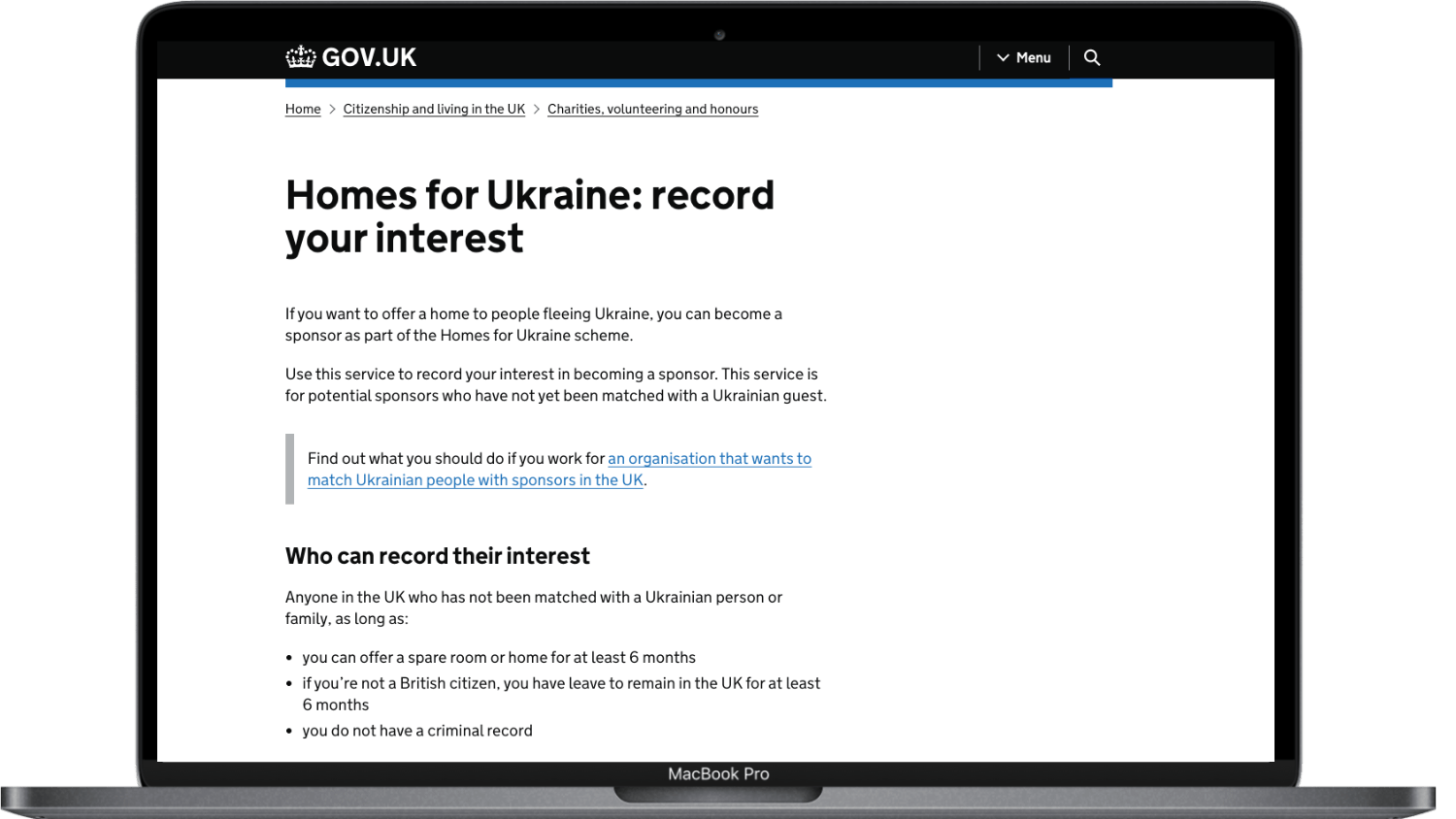 Laptop with Webpage for Homes for Ukraine online