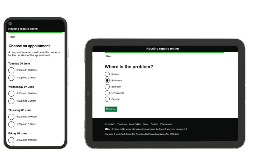 Image of housing repairs online landing page on a mobile phone and tablet