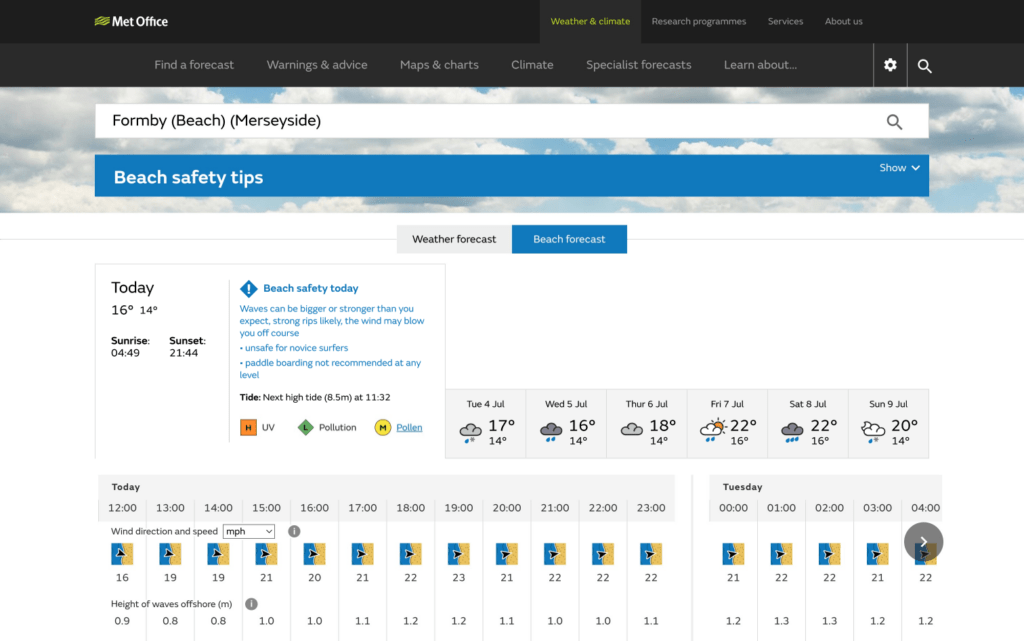 A beach forecast on the Met Office website. The “Today” tab has an alert level beach safety message in blue text with an exclamation mark icon.