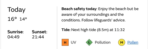 A close-up of the Today tab from a beach forecast. It shows an advice-level beach safety message in dark grey text. 