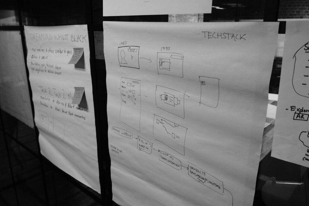 Project storyboards from two of the teams at Blackathon