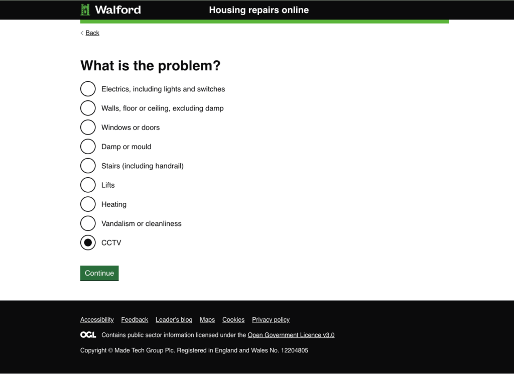 Screenshot showing options for communal repairs reporting
