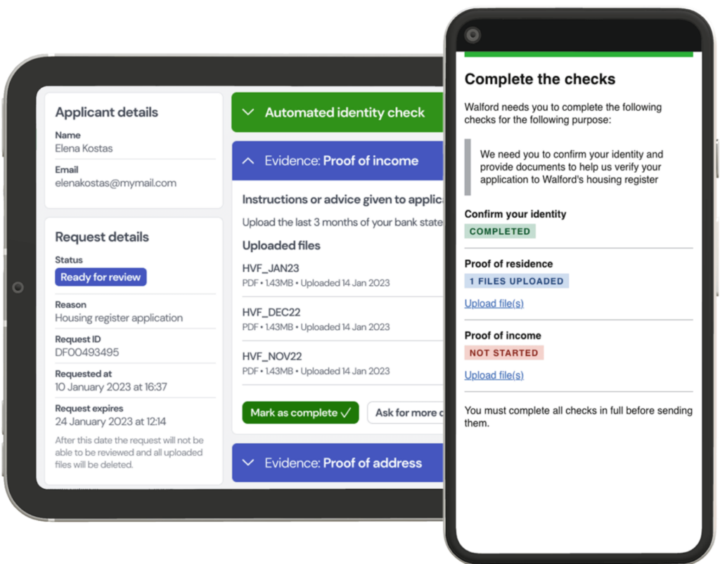 Screenshots of the Evidence SaaS product in a mobile device and tablet. The mobile shows the Complete your checks page. The tablet shows the Request details page.