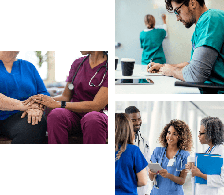 A collage of health and life sciences-related images: a nurse holding hands with a patient, a healthcare worker writing notes at a desk, and a diverse group of medical professionals discussing while smiling in a hospital setting.